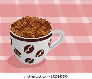Coffee beans in a white cup and placed on a pink cloth.Vector illustration.