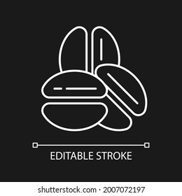 Coffee beans white linear icon for dark theme. Roasted seeds for espresso preparation. Thin line customizable illustration. Isolated vector contour symbol for night mode. Editable stroke