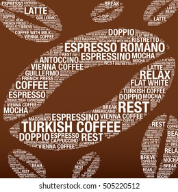 Coffee beans with word cloud, vector illustration