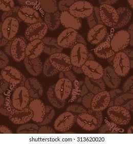 Coffee beans with words. Hand drawn seamless pattern