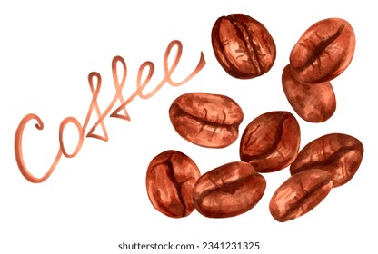 Coffee beans.Composition of falling beans with an inscription.International Coffee Day. Flavored drink with caffeine. Markers and watercolor.Hand drawn isolated art.