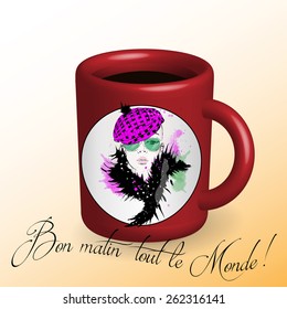 Coffee. Beautiful girl drawn on a cup. Words in French - Good morning all