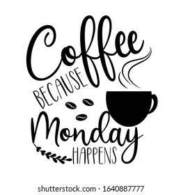 Coffee because Monday happens- positive calligraphy text wit coffeee cup silhouette, and beans. Good for greeting card, poster, banner, textile print, and gift design.