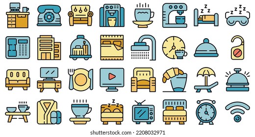 Coffee in bed icons set outline vector. Morning night. Relax breakfast thin line color flat on white
