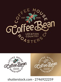 Coffee Been coffee shop logo. Premium emblem in retro style. Gold letters with a small branch of coffee berries.