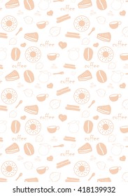 Coffee beige background with bean, cup, sugar, cinnamon, cake and text