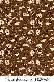Coffee beige background with bean, cup, sugar, cinnamon, cake and text
