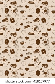 Coffee beige background with bean, cup, sugar, cinnamon, cake and text