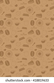 Coffee beige background with bean, cup, sugar, cinnamon, cake and text