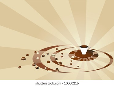 Coffee beige background with cup and beans.