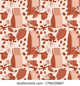 Coffee beige seamless pattern with packs, flowers and branches