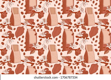 Coffee beige seamless pattern with packs, flowers and branches