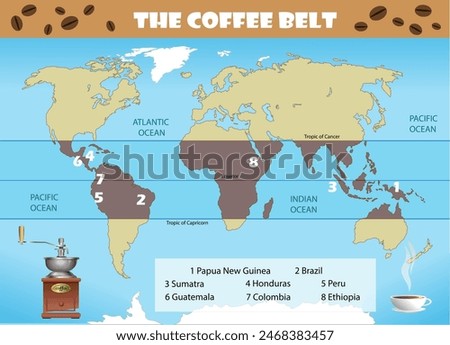 The Coffee Belt map. Major coffee producing countries. Vector illustration