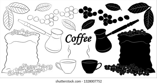 Coffee berries, coffee beans, cezve, coffee maker, bag of coffee beans and cup espresso. Silhouette and sketch designer element set for paper, interiors, t-shirts, logos and more. 
