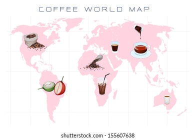 Coffee Berries, Roasted Coffee Beans and Coffee Drink on World Map Background 
