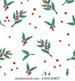 Coffee berries seamless pattern. Perfect for logo, poster, menu. Specialty cafe, packaging design elements, print. Coffee berries on a branch. Hand drawn vector illustration