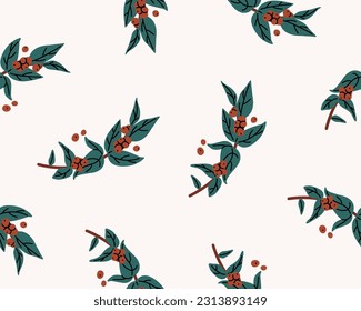 Coffee berry branches, seamless pattern. Endless background, repeating print with caffeine plant, leaf, fresh coffe fruits. Printable texture design. Flat vector illustration for wrapping, package