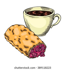 Coffee and berry pie. Isolated