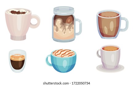 Coffee Beverage or Cacao Drinks with Whipped Cream Poured in Glasses and Cups Vector Set