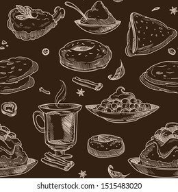 Coffee beverage and desserts seamless pattern isolated on brown background sketches outline vector. Cup of hot drink with cinnamon and flavor, bowl with sweets chocolate and cakes flat style