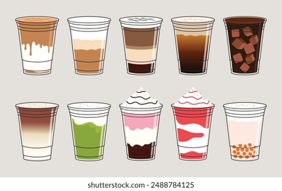 Coffee beverage. Different types of drinks set. Espresso, americano cup, mocha, matcha latte, boba tea. Minimal, simple style. Flat vector illustrations isolated.