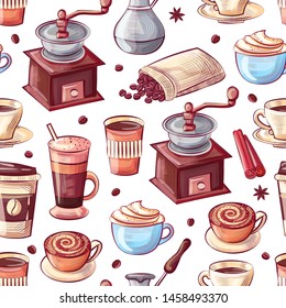 Coffee beverage in plastic and ceramic cup vector, seamless pattern isolated on white background. Grinder and cinnamon spices, cezve Turkish pot drawn
