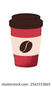 Coffee beverage in a red glass with a lid. Espresso, americano cup, cappuccino and latte in paper mug. Flat cartoon illustration isolated on white background