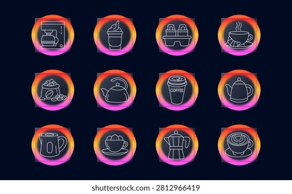 Coffee beverage set icon. Line icons display coffee maker, takeaway cup, holder, hot drink, beans sack, kettle, paper, moka pot, espresso, latte cup, beverage preparation concept.