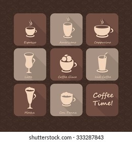 Coffee beverages cups and glasses silhouettes flat icon set on chocolate brown coffee beans background, espresso, latte, iced coffee, mocha, cappuccino, for web and print materials, coffee shop menu