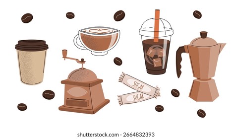 Conjunto de iconos de bebidas de café. Quite la taza, el molinillo, el café helado, los sobres de azúcar y la machiato italiana. Ilustraciones vectoriales aisladas en blanco.