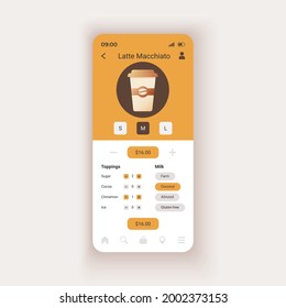 Coffee Beverages Serving Smartphone Interface Vector Template. Choose Mid-sized Drink. Mobile App Page Design Layout. Contactless Ordering At Coffee Shop Screen. Flat UI For Application. Phone Display