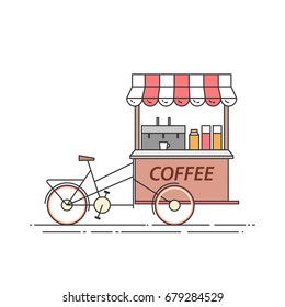 Coffee bicycle - cart on wheels with fresh hot drink isolated on white background. Flat line vector illustration of food and drink kiosk.