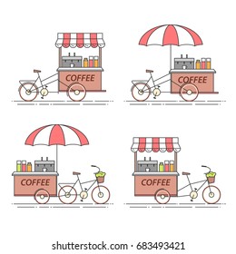 Coffee bicycles set - different carts on wheels with hot drink isolated on white background. Flat line vector illustration of food and drink kiosk.