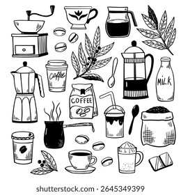 Café grande conjunto de doodle preto e branco. Ilustrações vetoriais simples à mão desenhadas de plantas de café, copos e jarras.