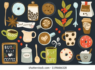 Coffee big collection in flat retro style. Design elements cups, spoons, plant with seeds, grains arabica, latte, cappuccino, milk, sugar, glazed donuts, cookie, anise and poster BUT first coffee. 