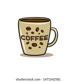 Coffee in a big mug. Coffee beans. Hot beverage. cartoon style. Isolated vector illustration
