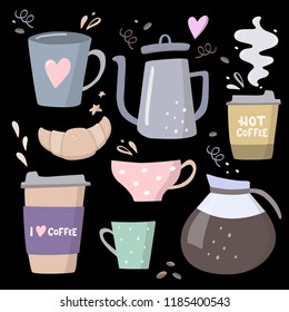 Coffee big set illustrations. Coffee to go, coffee pots, cups and design elements