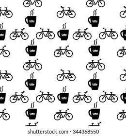 Coffee and bike seamless pattern on white. Vector illustration.
