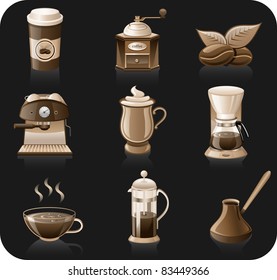 Coffee black background icon set.  Vector coffee icon set isolated on black background.