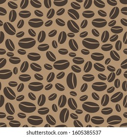 Coffee. Black coffee beans on a beige background. Seamless pattern. Vector illustration.