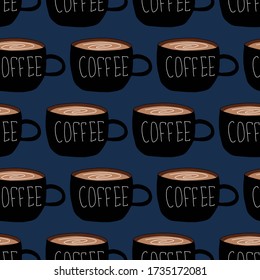 Coffee. Black cups with coffee on blue background. Hot drink. Americano, cappuccino, latte, espresso, mocha. Vector seamless pattern.