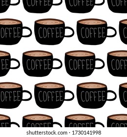 Coffee. Black cups with coffee on white background. Hot drink. Americano, cappuccino, latte, espresso, mocha. Vector seamless pattern.