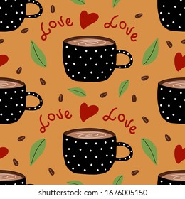 Coffee. Black mug with coffee, hearts, green leaves and coffee beans on orange background. Hot drink. Americano, cappuccino, latte, espresso, mocha. Vector seamless pattern.