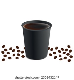 Kaffee in einer schwarzen Papiertasse mit Espresso-Kaffeebohnen, Vektorgrafik