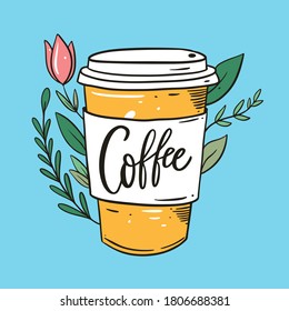 Coffee black text and yellow paper cup. Hand drawn sketch. Brush calligraphy. Vector illustration. Isolated on blue background.