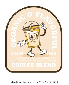 Mezcla de café, bebida de cafeína orgánica y sabrosa. Icono aislado con el personaje de la taza plástica que camina con la bebida adentro. Personaje lindo y divertido en la etiqueta o pegatina, vector en estilos planos