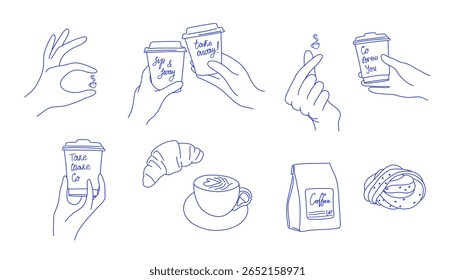 Coffee blue color set. Hand drawn vintage doodle drawing. Minimalist monochrome clip art with coffee, pastry, hands holding takeaway cups. Concept for coffee shop, bakery. 
