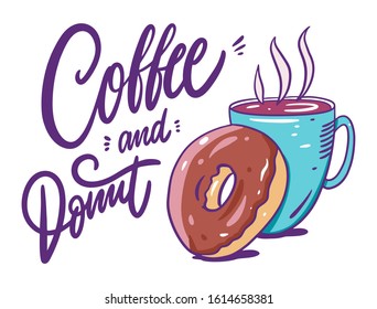 Coffee in blue mug and chocolate donut. Cartoon style. Vector illustration. Isolated on white background. Design for banner, poster and web.