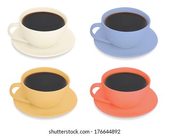 coffee, blue, blue, red, orange, yellow, cup, saucer, black, white, vector, illustration, set