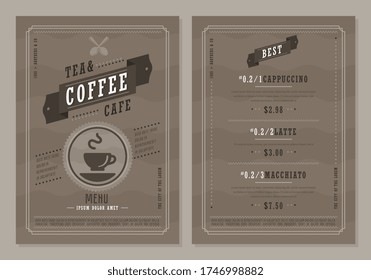 El menú de la cafetería. Diseñar un folleto de diseño de menú de bebidas o planilla de volante de bebidas. Folleto de café, diseño de plantilla de café.